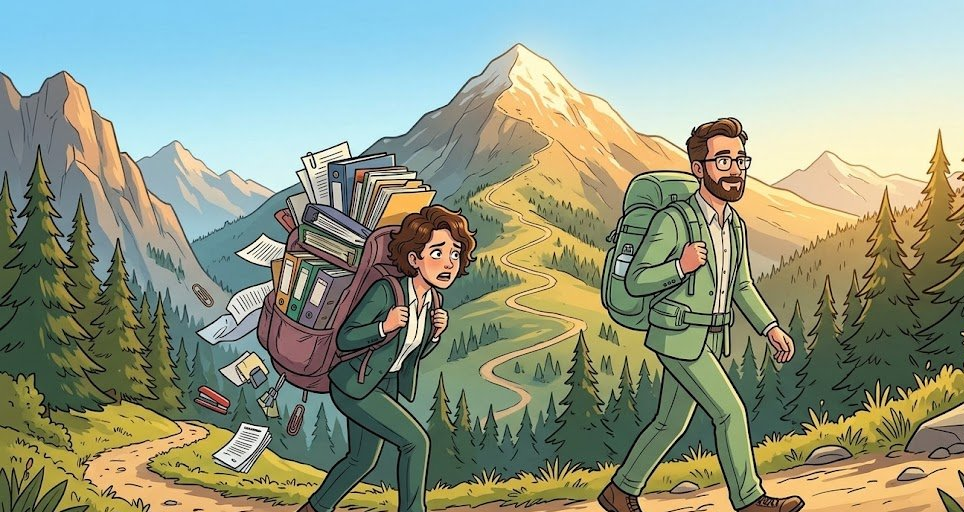 Two hikers on a mountain trail, one carrying an overstuffed pack of binders and the other a streamlined pack